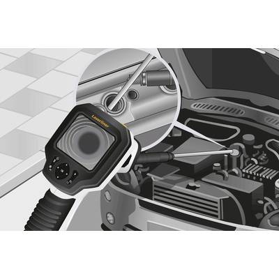 An endoscope camera inspects the engine of a car. The screen displays a close-up of the engine component being examined.