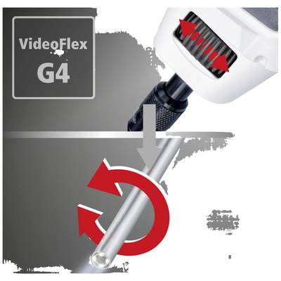 Endoscope Product Illustration: 'VideoFlex G4'. Displays a flexible tube with a red arrow indicating manoeuvrability, a rotatable head, and focus adjustment.