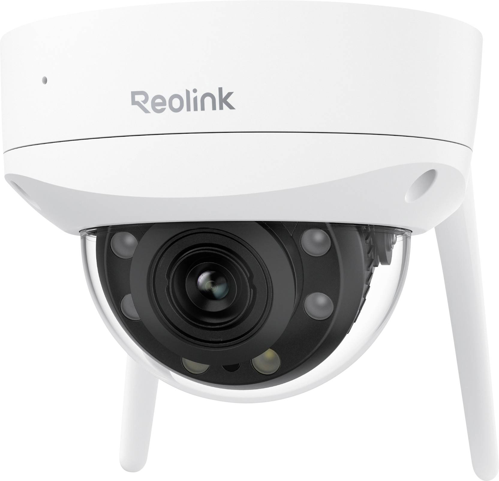 A white Reolink dome security camera with visible lens and infrared sensors, used for monitoring in surveillance systems.