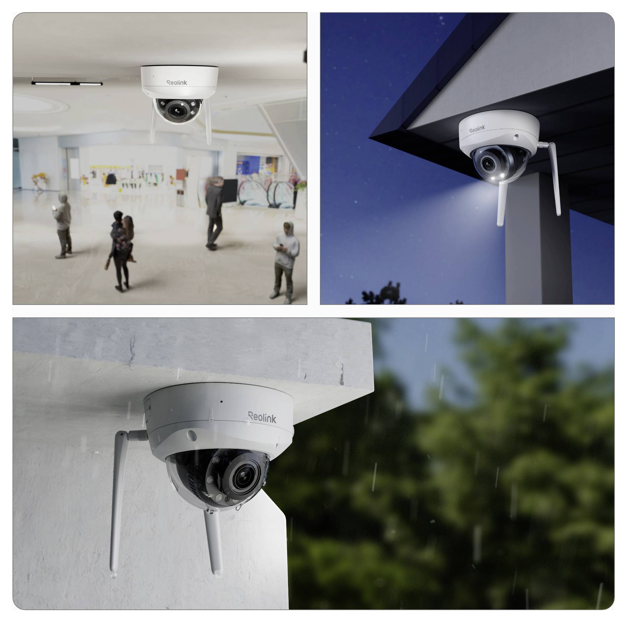 The image shows three security cameras in different settings: indoors with people, outdoors at night, and in rain, suggesting weatherproof features.