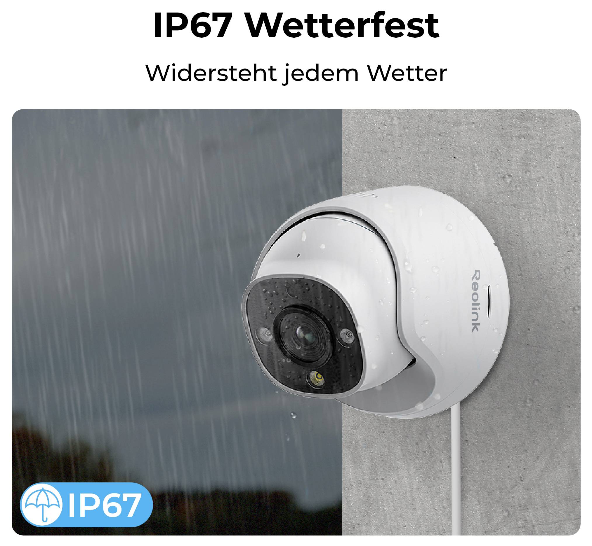 A security camera mounted on a wall, exposed to rain, labeled 'IP67 wetterfest', indicating it withstands any weather conditions.