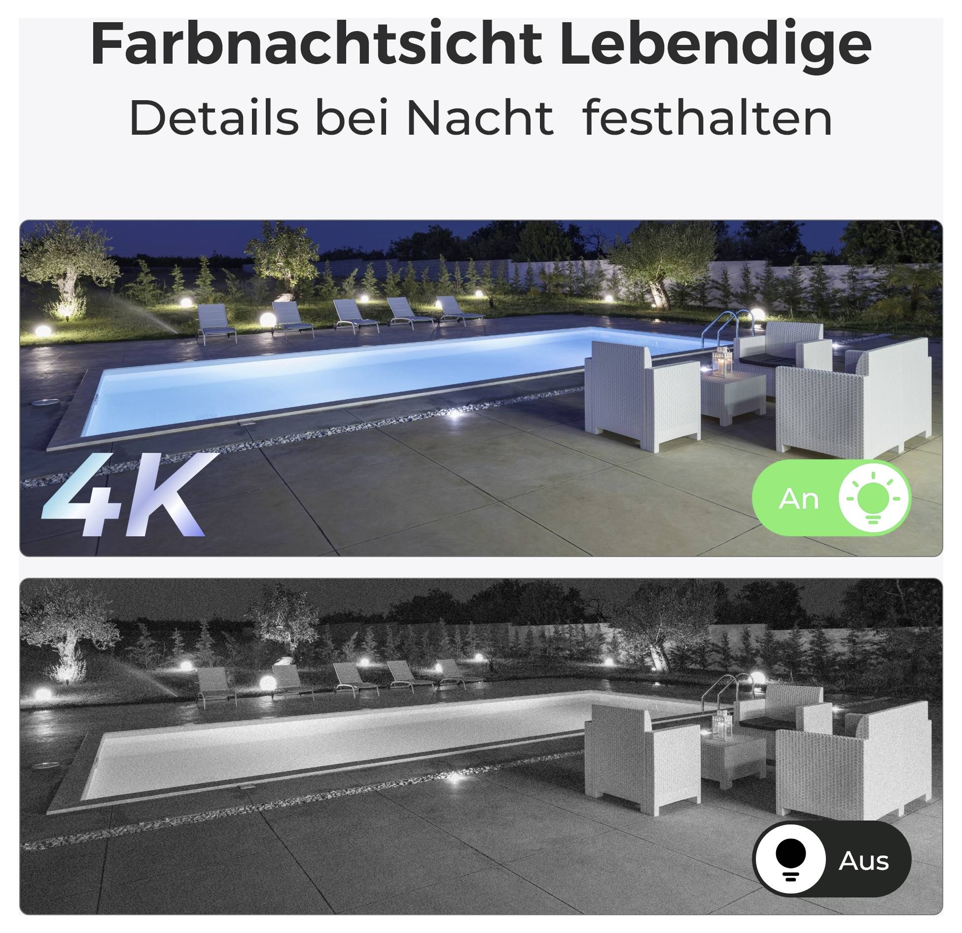 'Color Night Vision' image showing a poolside scene in color and black-and-white, illustrating enhanced visibility with color night mode.