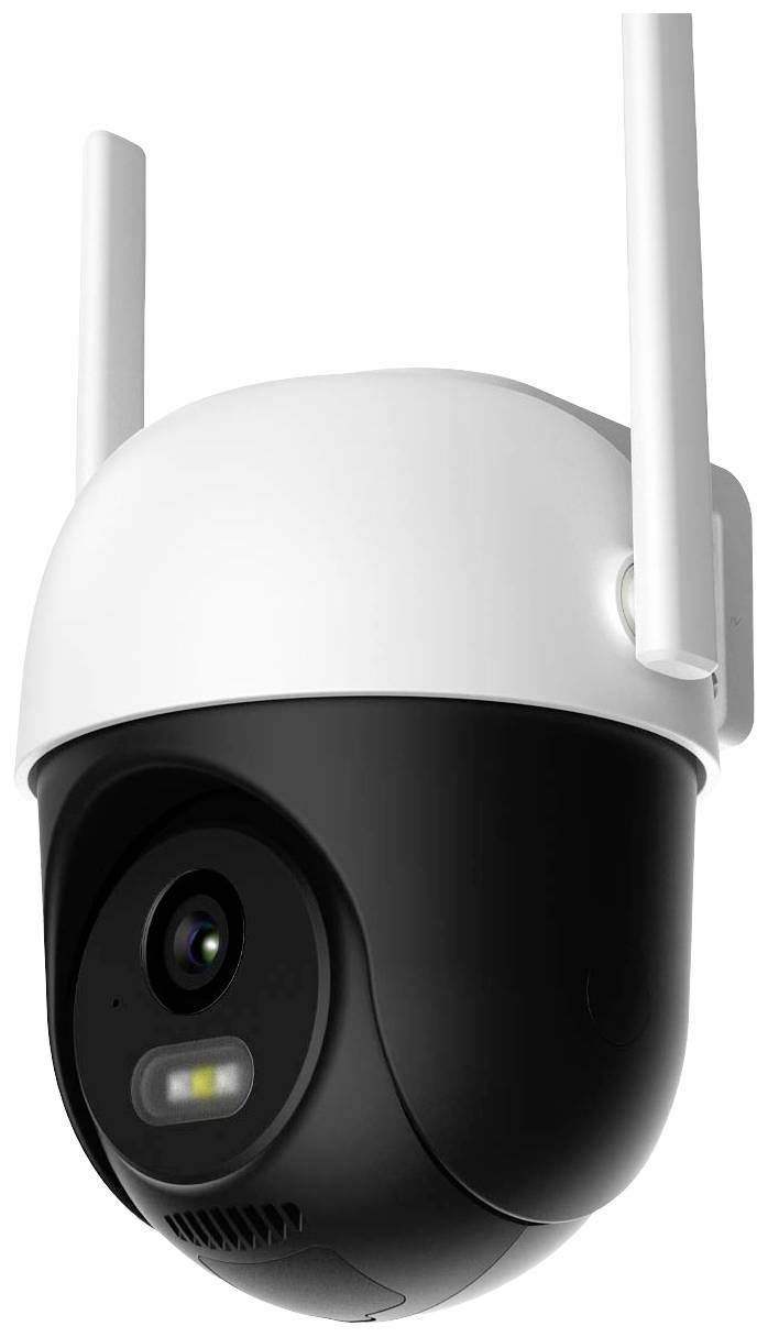 White and black security camera with two aerials oriented in a specific direction. Camera with a rounded design.