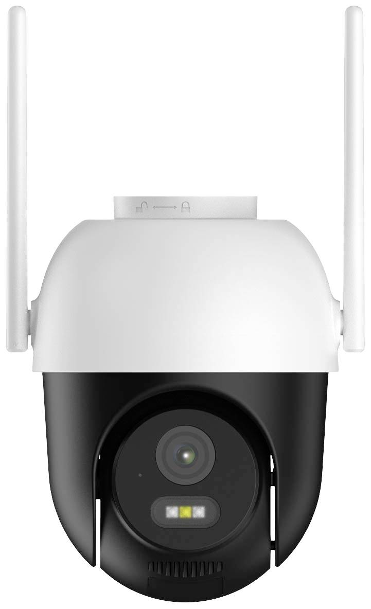 Black and white security camera with two aerials, central lens and LED lights, for surveillance in indoor or outdoor areas.