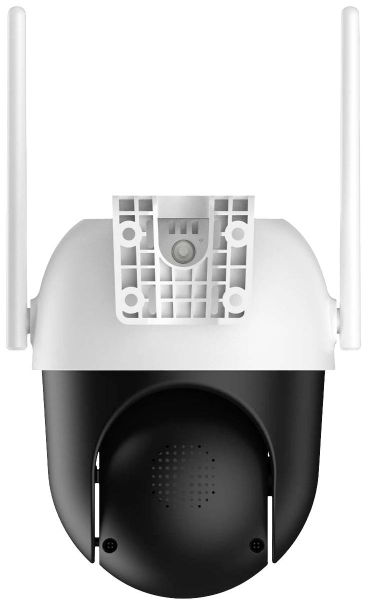 Surveillance camera with antennas on top and a rotating lens underneath, suitable for indoor or outdoor security.