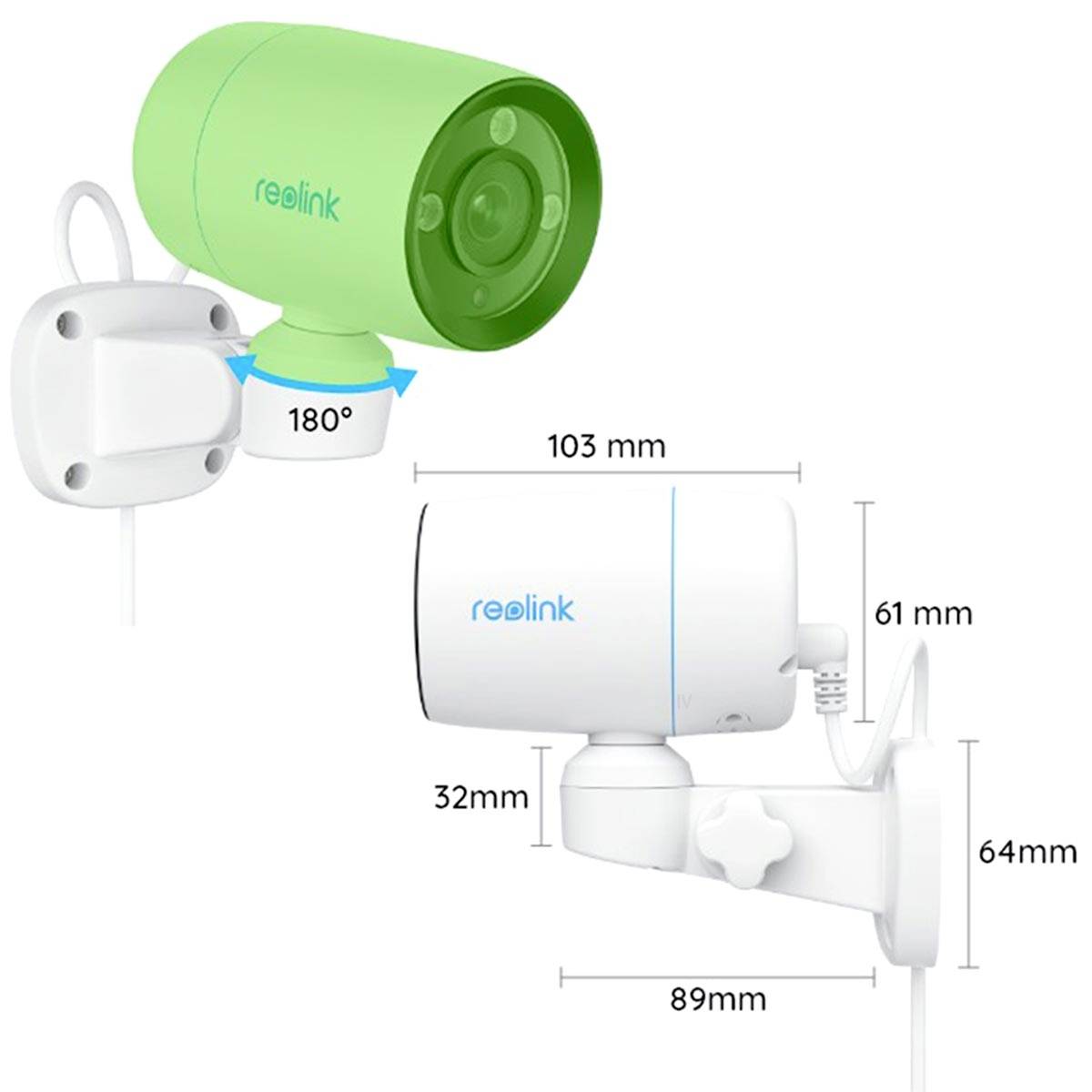 Surveillance camera with adjustable head; 180-degree movement capability. Dimensions: 103x89x61 mm. Brand name 'reolink'.
