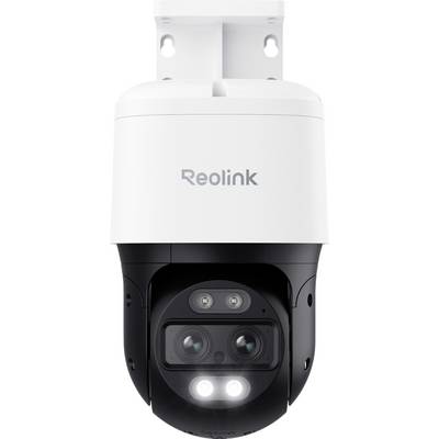 A Reolink outdoor security camera with a black and white design, featuring multiple lenses and LED lights for night vision functionality.
