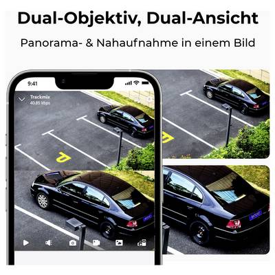 'Smartphone with camera view shows black cars in car park. Text at top: Dual Lens, Dual View. Panorama & Close-up in one image.'