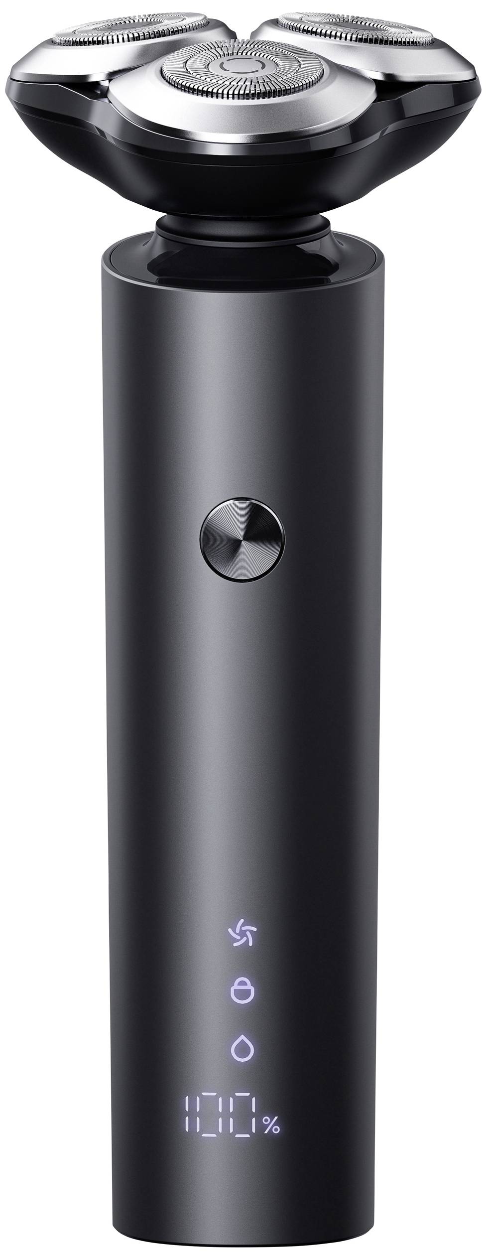 Electric shaver with a rotating head, black casing, showing remaining battery charge of 100% on digital display.