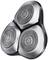 'Three circular razor heads with metal grids, evenly arranged for an electric shaver.'