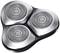 Three round metallic razor heads in a triangular arrangement, close-up, with no visible handle.