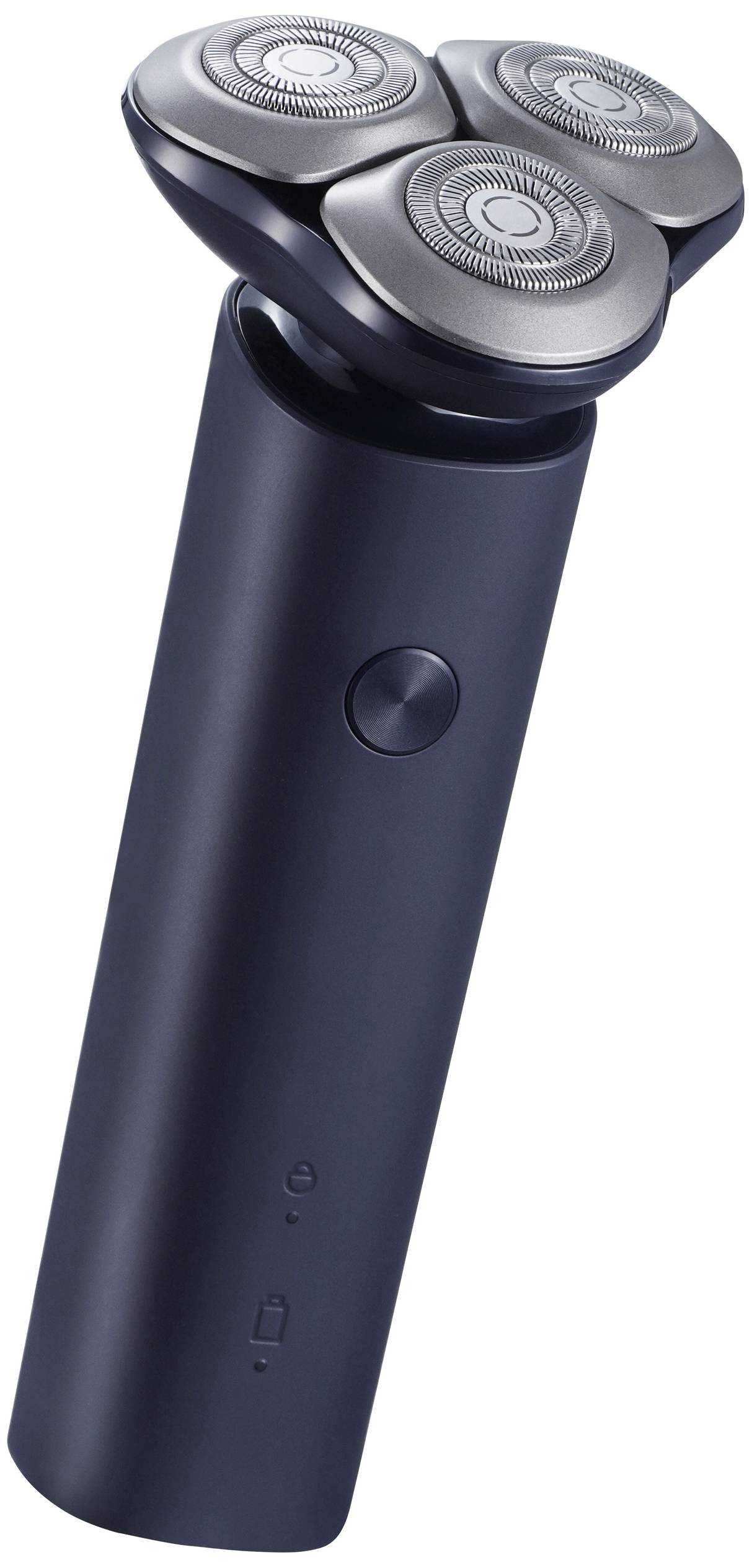 Electric razor with three rotating heads and a slim, black handle, suitable for thorough and comfortable shaving.
