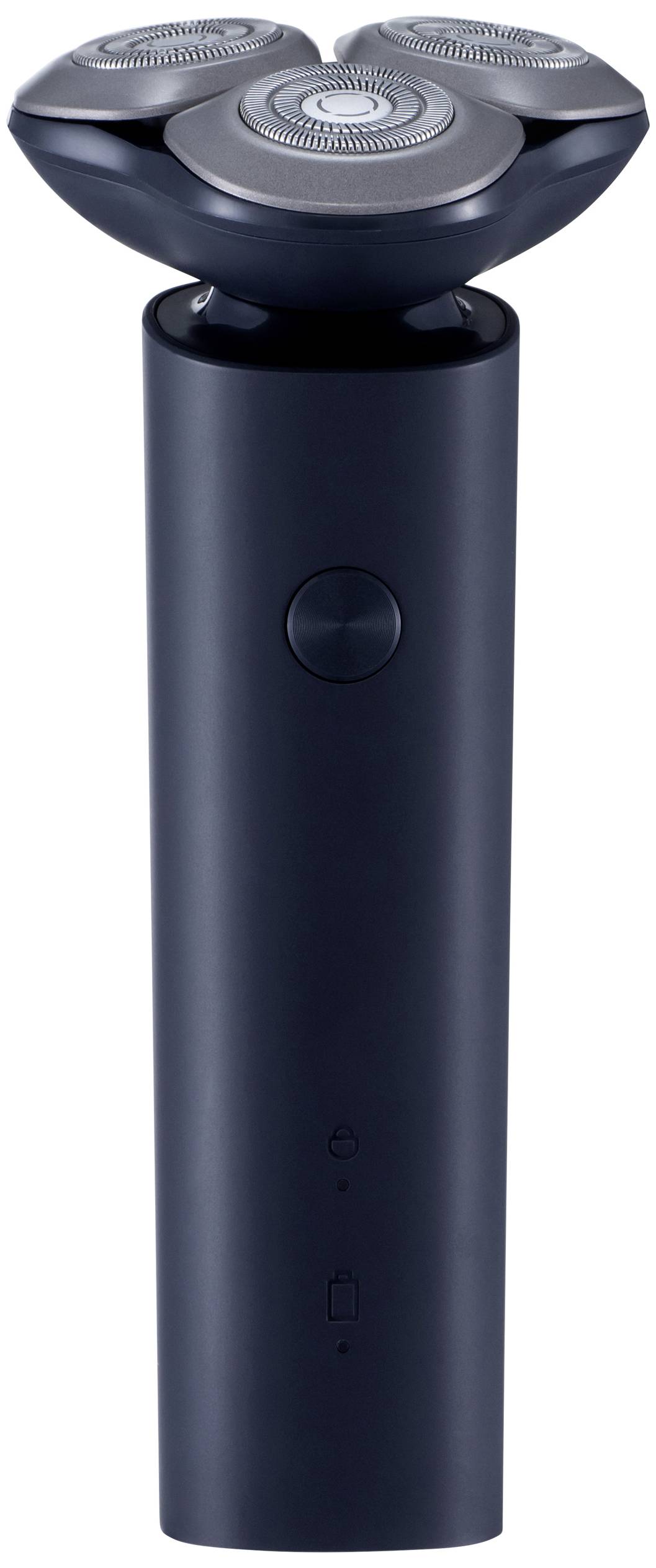 Electric razor in black with three round cutting heads and a control button on the handle, standing upright.