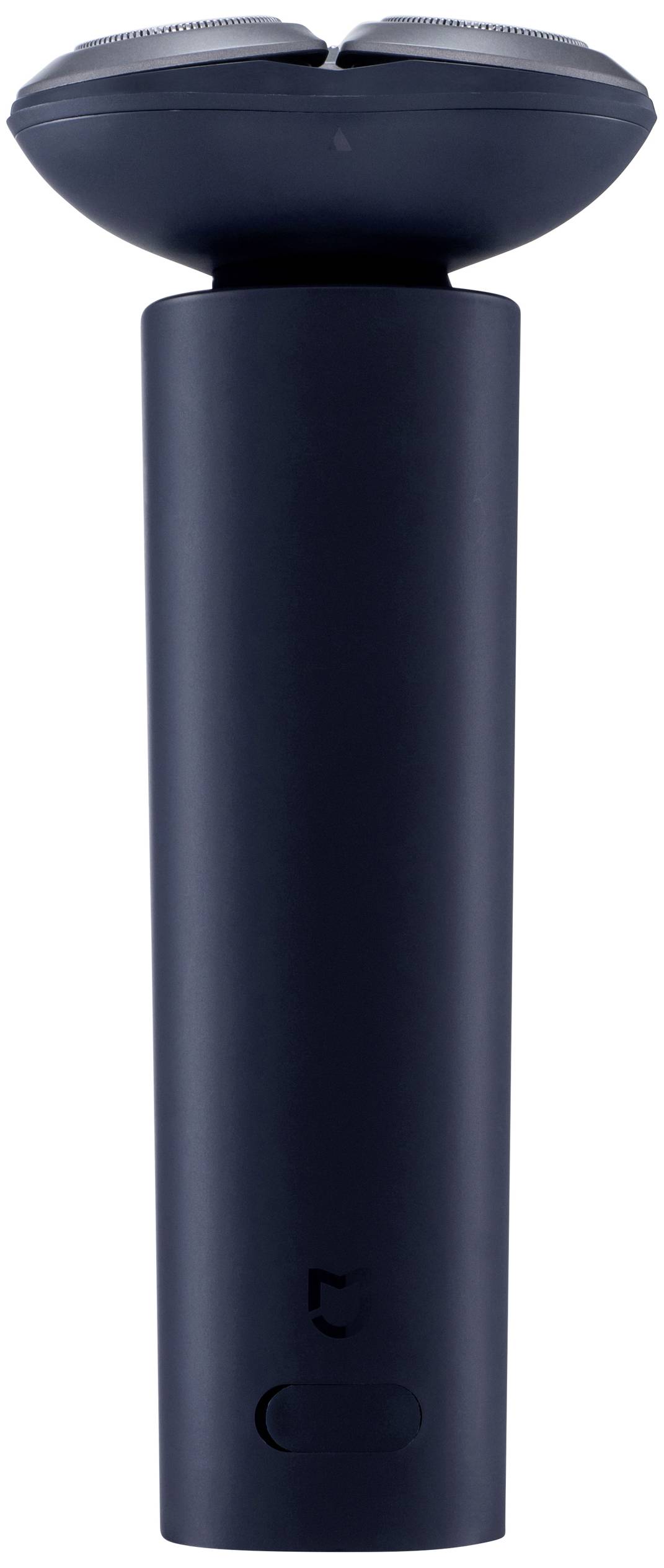 Black electric razor, with a cylindrical handle and rounded head.