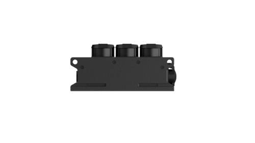 A rectangular black device with three cylindrical elements on top, presumably an electronic or mechanical component.