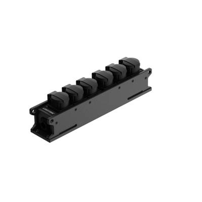 Six-way power strip in black, suitable for mounting. Socket outlets evenly distributed, robust design for industrial use.