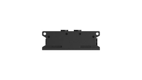 Black rectangular device with two connections at the top, against a neutral background.