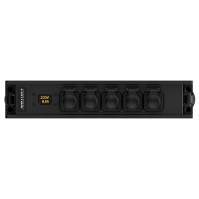 Black power strip with six covered sockets. On the right, a digital display showing '220V, 9.8A'.