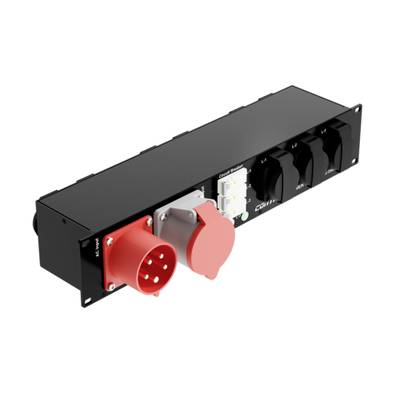 Black and white power distribution board with multiple sockets and switches, suitable for industrial applications.