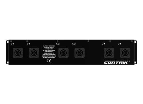 A black rack panel with six electrical connections in two rows, with the text 'CAUTION: TO PREVENT ELECTRIC SHOCK USE INDOORS IN DRY LOCATIONS ONLY' printed at the top.