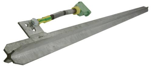Long metal earthing rod with attached green cable and screw for electrical earthing applications.