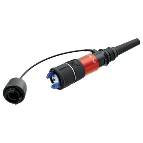 A black and red electronic sensor with plug and protective cap; used for capturing measurement data in technical applications.