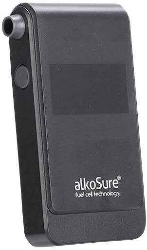A handy, black alcohol breathalyser with 'alkoSure fuel cell technology' printed on the front.