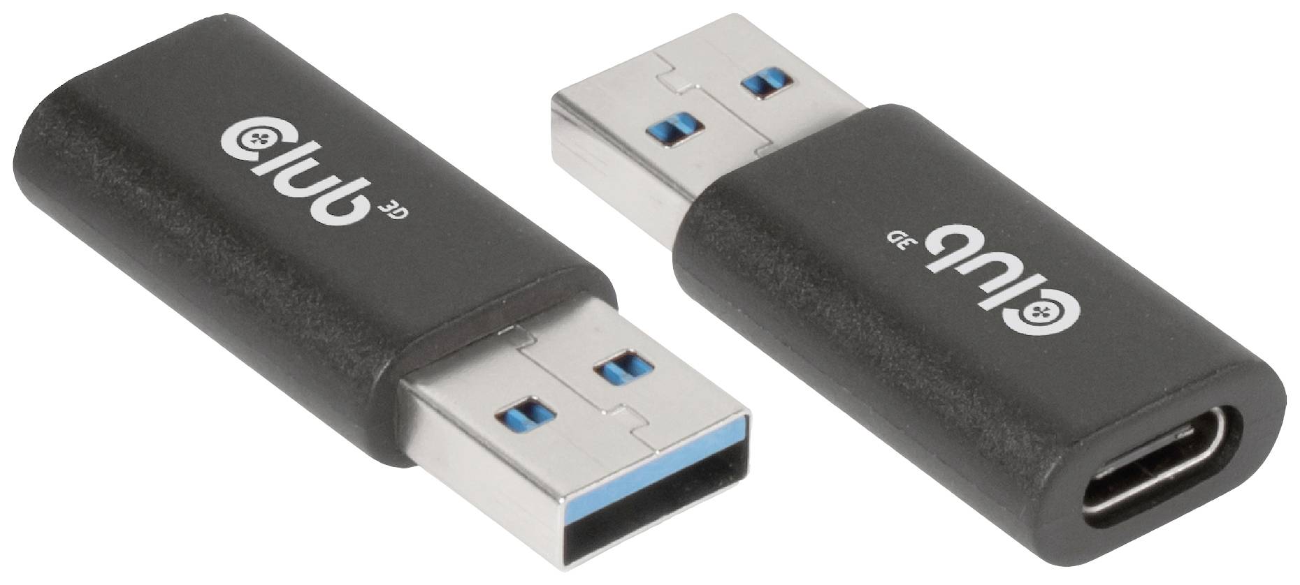 Two black USB adapters with the print 'Club', one with a USB-A connection and the other with a USB-C connection, are lying side by side.