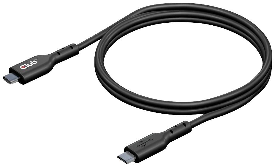 A black USB-C cable with 'Club' logo, suitable for data transfer and charging devices.