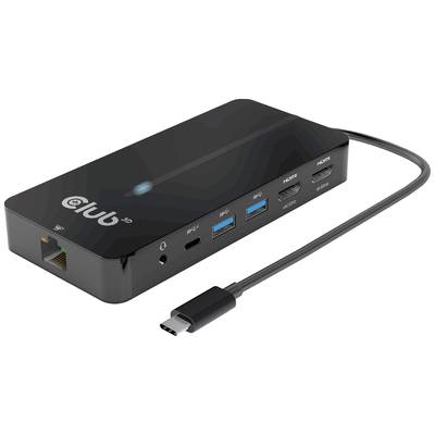 A black USB-C hub with connection cable. It features an Ethernet port, two USB 3.0 ports, a USB-C port and two HDMI ports.