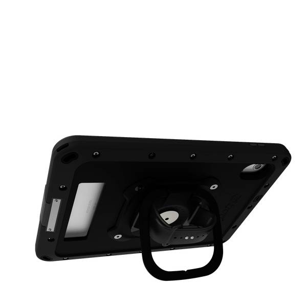 A black tablet with a robust protective case and a rotating stand on the back, set against a white background.