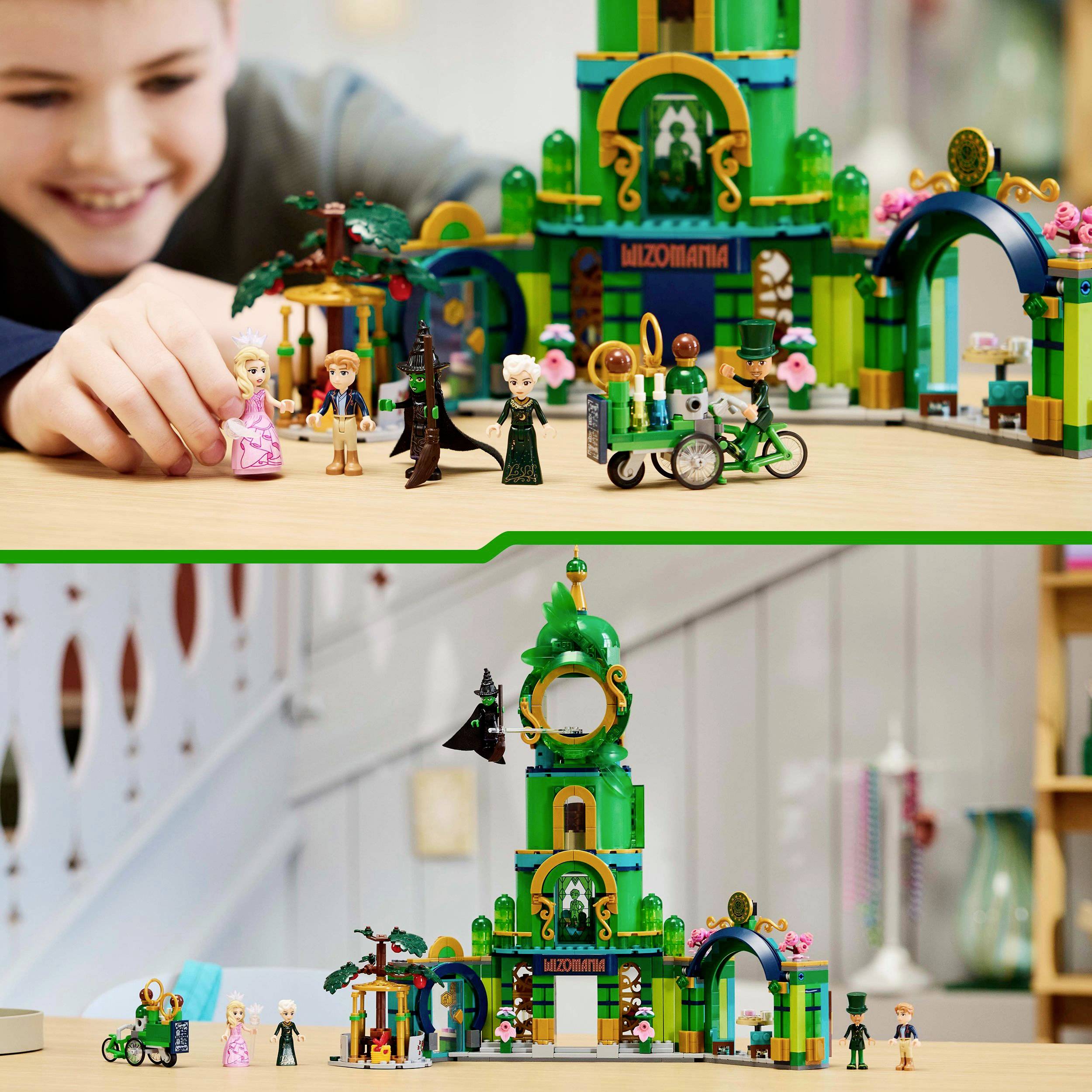A child is playing with a colourful toy castle and figures on a table. The room is blurred in the background.