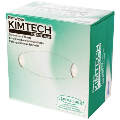 A green box of Kimtech Kimwipes, a tissue product for cleaning delicate surfaces.