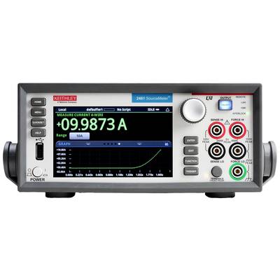 An electronic measuring instrument displays '09.9873 A' on the display in 4-wire current measurement mode. A diagram is visible underneath.