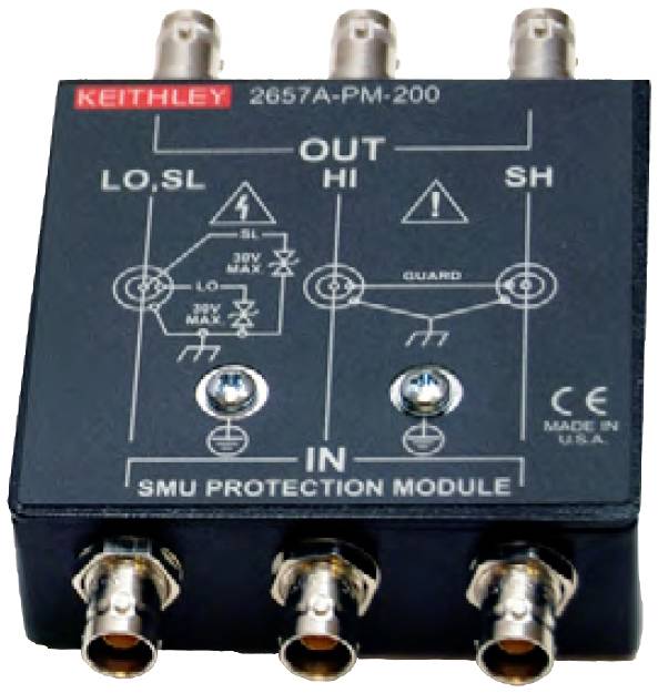 Black Keithley SMU protection module with six terminals and printed circuit symbols for electrical connections.