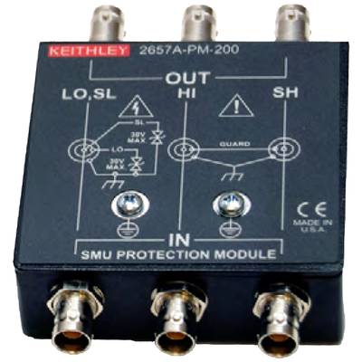 Black Keithley SMU protection module with six terminals and printed circuit symbols for electrical connections.