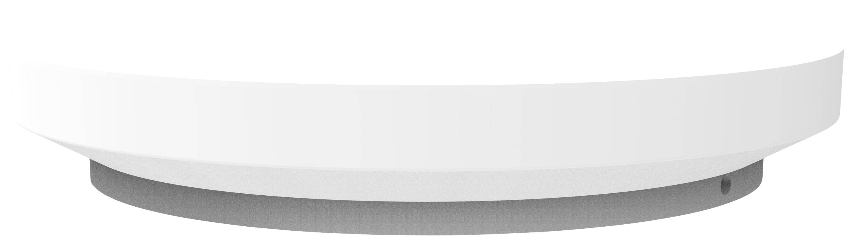 A round, white smoke detector on the ceiling. It has a smooth surface and a small opening on the side.