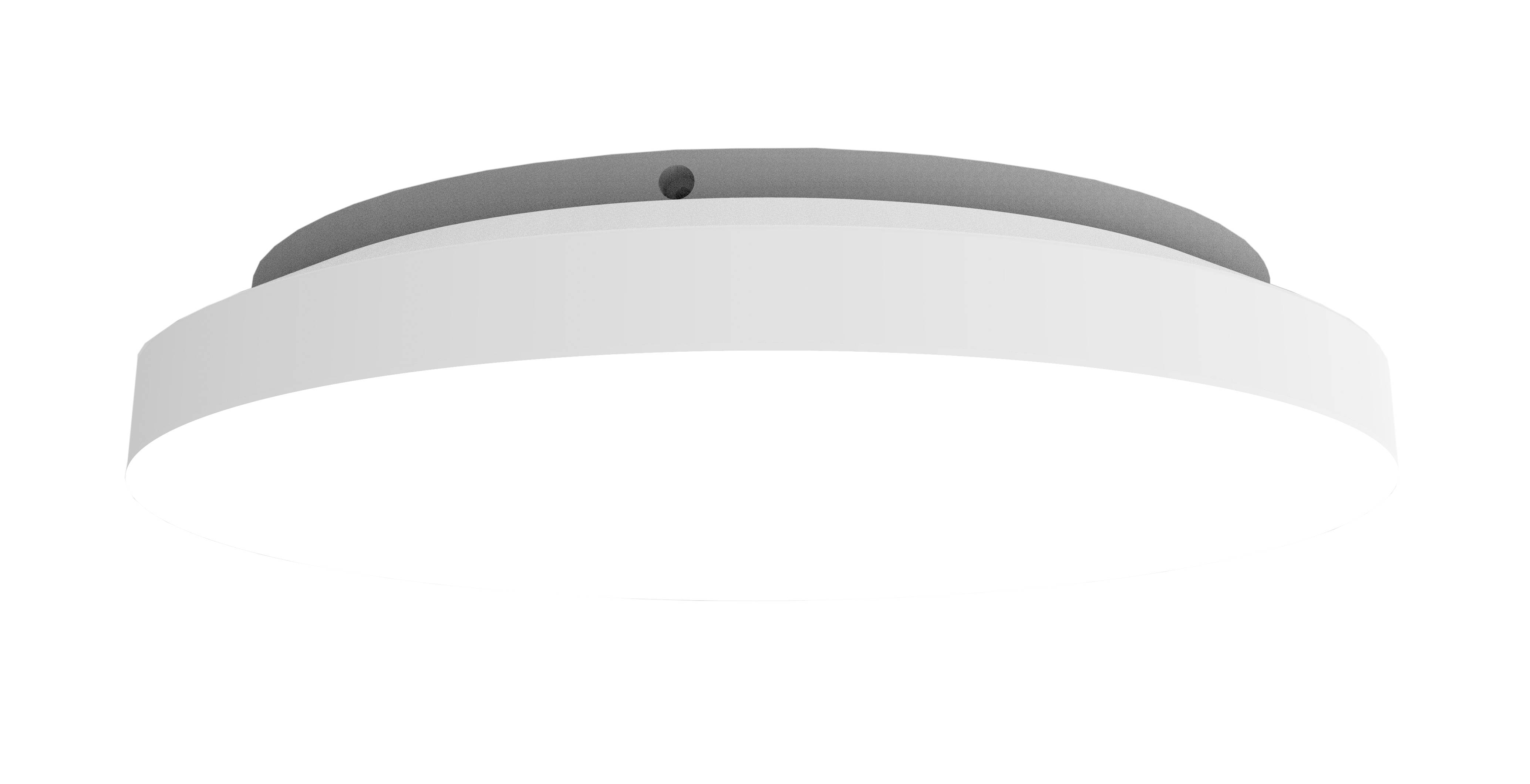 A white, round ceiling light with a grey mount, designed in a flat and modern style, against a white background.