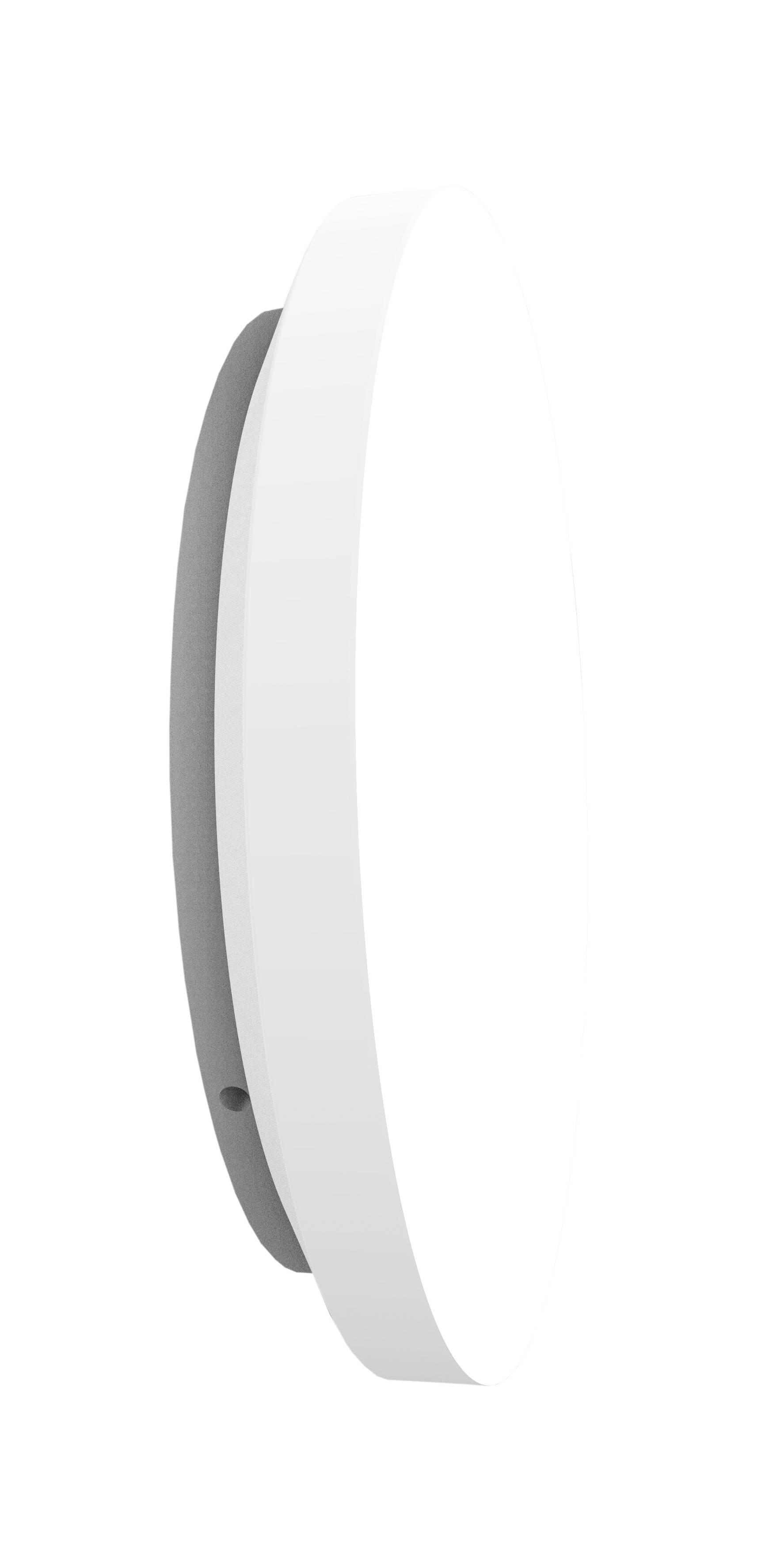 A round, white wall light with a grey back, casting light onto a wall. Minimalist design, perfect for contemporary interiors.