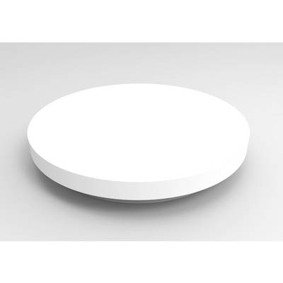 A white, round plinth against a grey background.