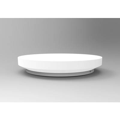 White, flat, round plate on a grey background.