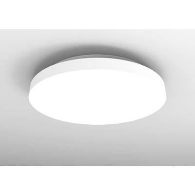 Round, white ceiling light positioned centrally on a grey background.