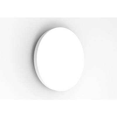 A round, white light fitting on a white wall, evenly radiating light.