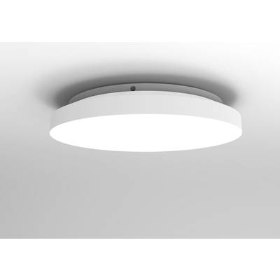Round, white ceiling light mounted on the room's ceiling, switched on and illuminating.