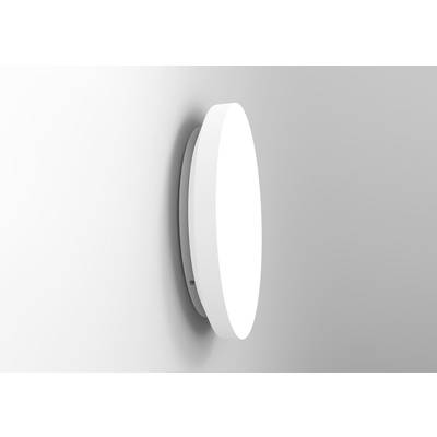 A modern, circular LED wall light in white, mounted on a wall with soft illumination creating a cosy atmosphere.