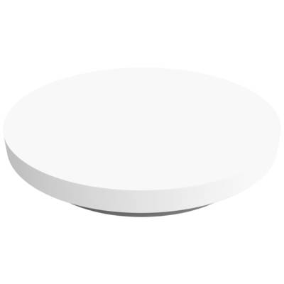 A round, white, three-dimensional disc against a neutral background.