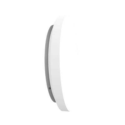 White, round wall lamp with grey back, side view.