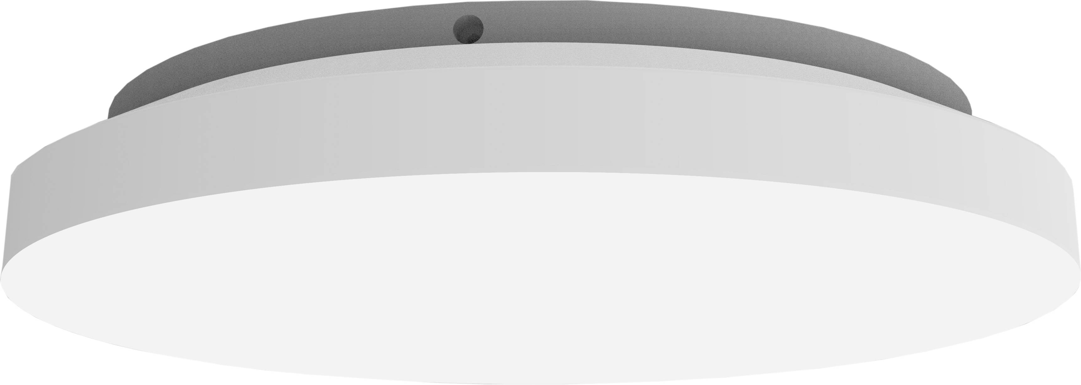Round ceiling light with grey frame and white lampshade, suitable for modern interiors.