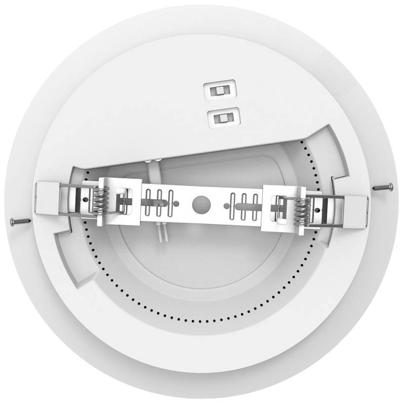 Rear view of a round, white LED ceiling light with two clips and screws for mounting to the ceiling.