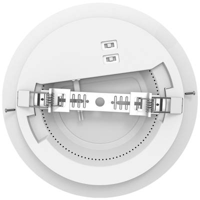 Round smoke detector with mounting mechanism and two rectangular openings for ceiling installation.
